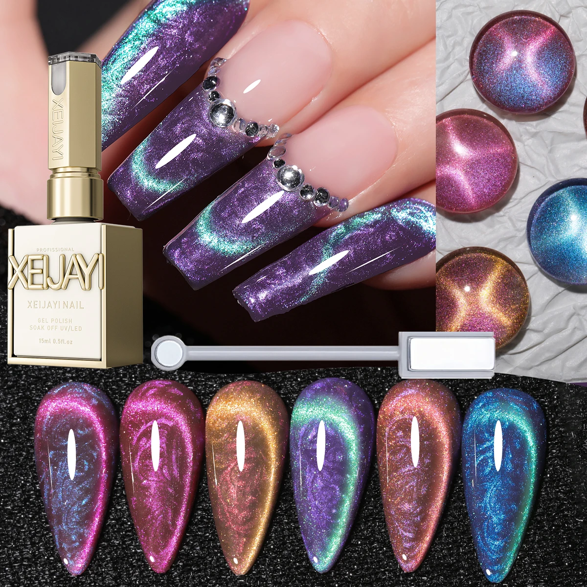 

XEIJAYI 6 шт. 15 мл набор гель-лаков для ногтей Aurora Cat Eye, сверкающий полупрозрачный эффект для салона, 6 цветов, качество маникюра DlY