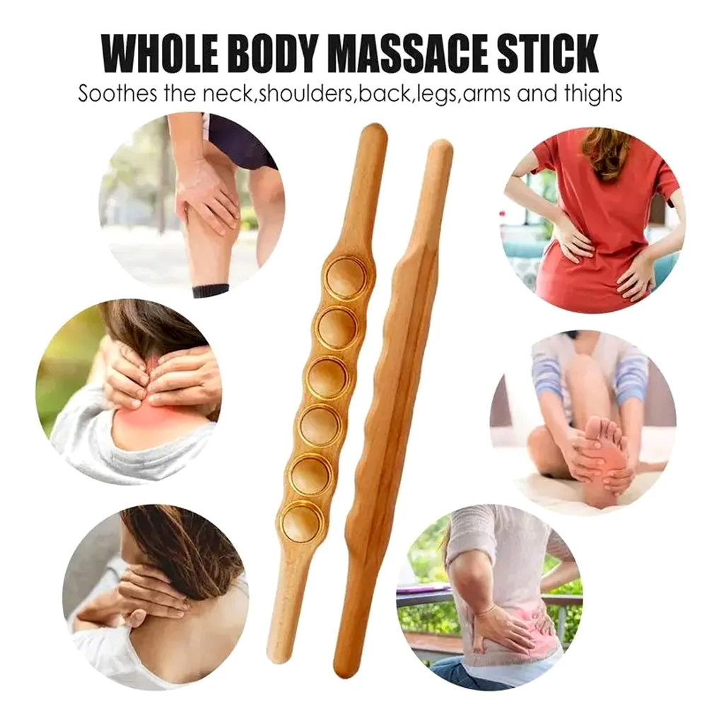 Guasha Wood Stick Tools Wooden Therapy Scraping Lymphatic Drainage Massager, 6 Roller Point Treatment Gua Sha Tools for Back Leg