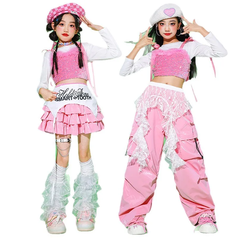 

K-pop укороченный топ для девочек, юбки, брюки-карго для уличных танцев, детская милая уличная одежда в стиле хип-хоп, комплекты одежды для групповой джазовой одежды для девочек