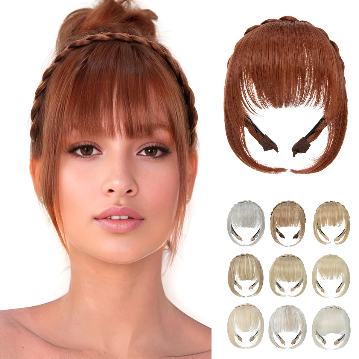 Natural Synthetic Headband Bangs Extension Fake Hair Blunt Fringe with Long Sides Daily Use Brown Blonde Hairpiece For Women