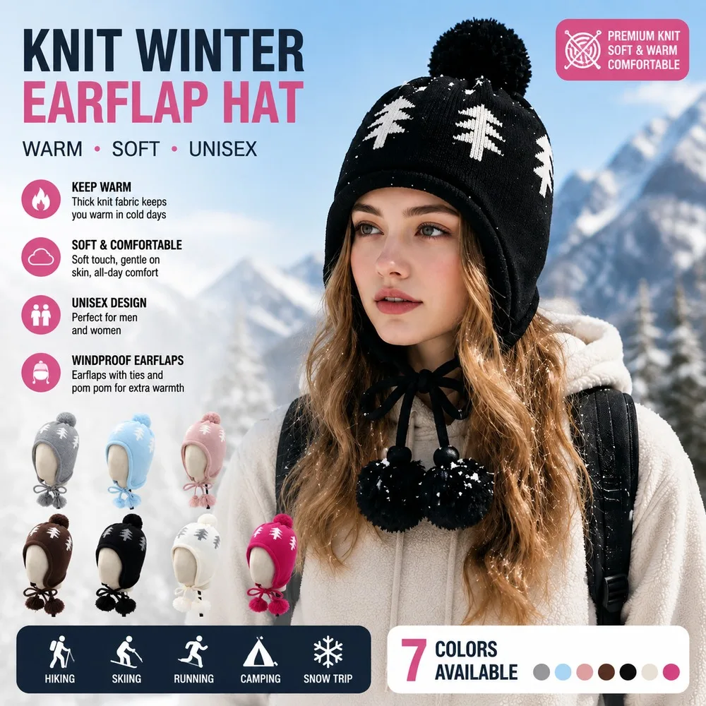 Women Men Winter Earflap Hat Knit Trapper Beanie Snowflake Pom Pom Cap Warm Outdoor Ski Hat With Tie Tassels