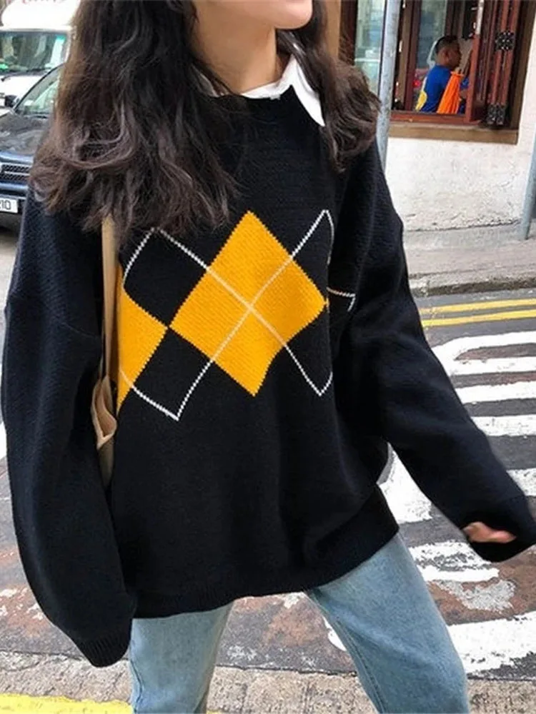 Kobiety sweter z dzianiny moda swetry oversize damskie zimowe luźne sweter koreański styl College kobiety Jumper Sueter Mujer