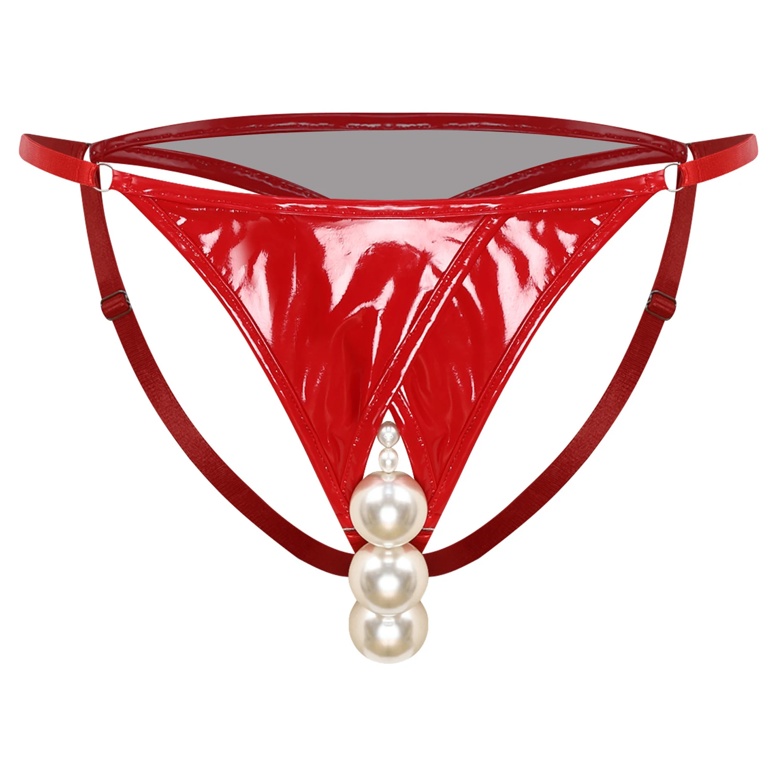 

Womens Lingerie Faux Pearls Patent Leather Underwear Low Rise Elastic Waistband Cutout Crotch T-back Sexy Thong Briefs Panties