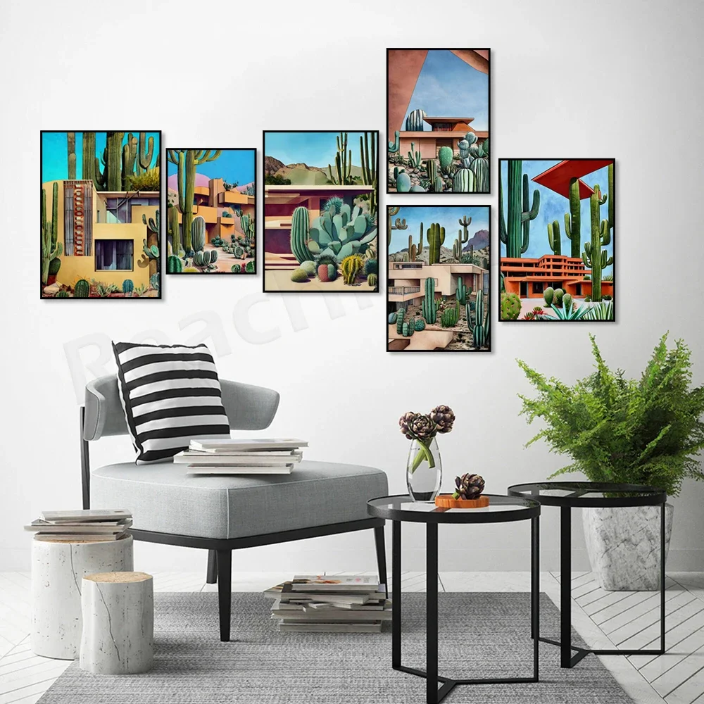 Southwest Desert House Cactus Poster - Arizona Architecture Landscape Print - Surreal Century Wall Art for Home Decor