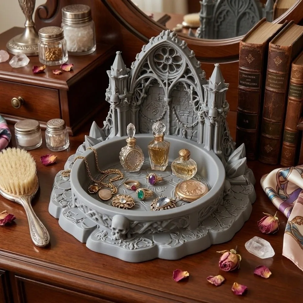 3D Printed Jewelry Storage Tray Retro Creative Castle Jewelry Stand Unique Black Gothic Style Decorative Tray Bedroom Decor