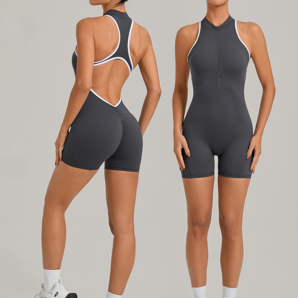 

Новый женский цельный комбинезон для йоги с эффектом подтяжки бедер, на молнии, без спинки, для фитнеса, бега, тренировок, спортзала, йоги, боди