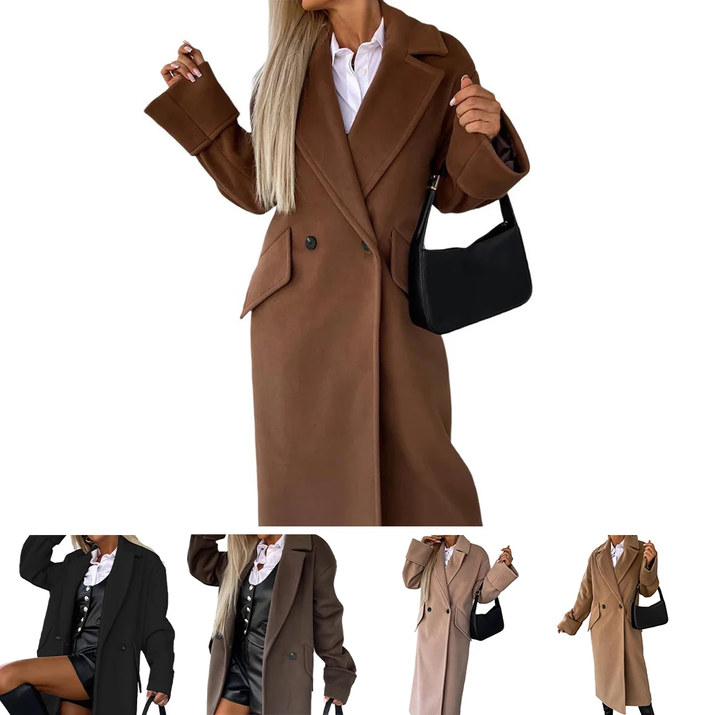 سترة نسائية كاجوال بأكمام طويلة بلون سادة مع ياقة وزر إغلاق مصنوعة من مزيج الصوف لأسلوب اليوم