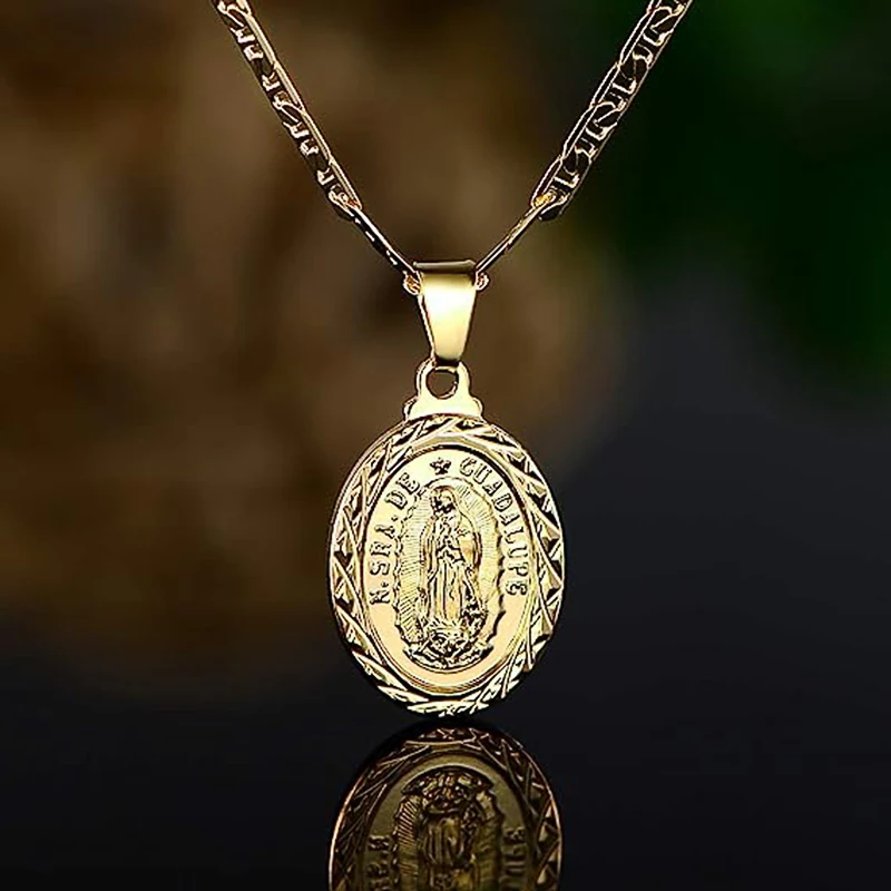Huitan Catholic Virgin Mary Statue Pendant Necklace for Women Metal Gold Color/Silver Color Christian Necklace Statement Jewelry