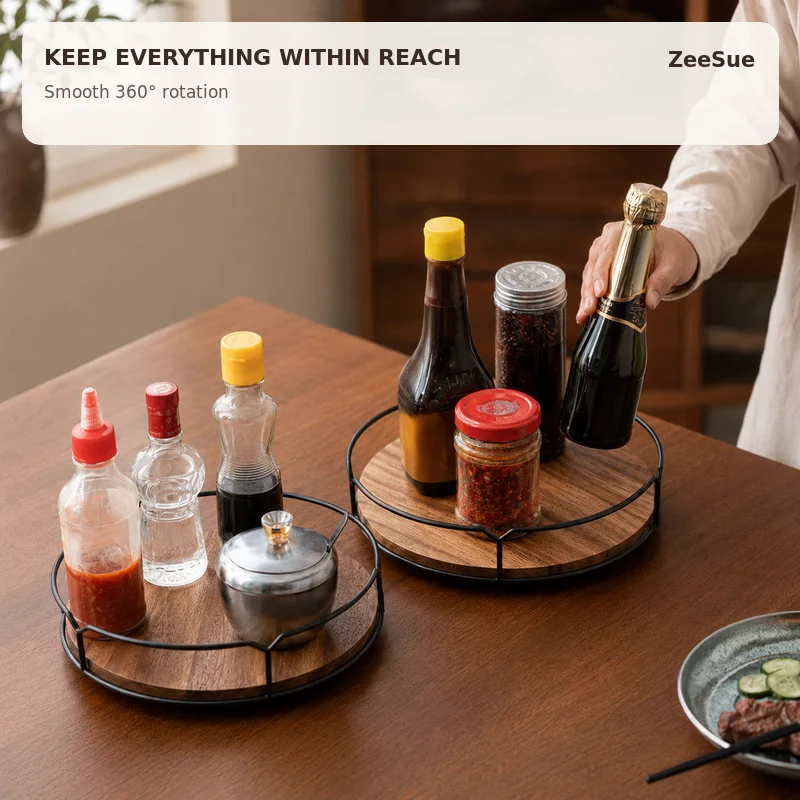Wooden Lazy Susan Turntable with Metal Guard Rail, Rotating Serving Tray for Kitchen Counter and Dining Table
