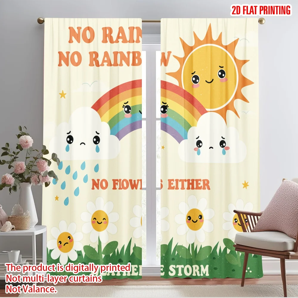 

2pcs 2D flat printing Curtains Happy Rainbow Flower Sun Polyester Without Electricity Holiday Decorations for room decor