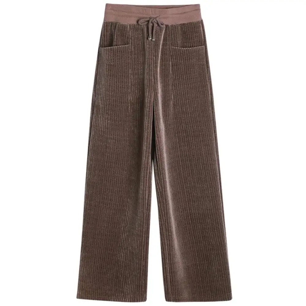 European coffee colored straight leg pants for women's autumn new high-end fashion plus size elastic waist casual wide leg pants