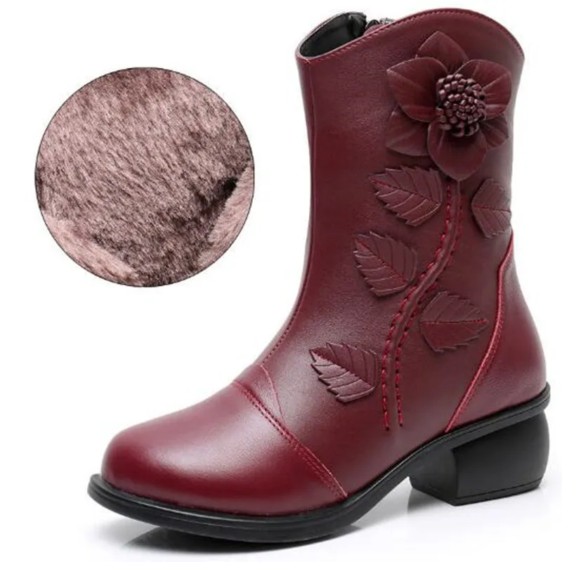 الفاخرة النساء أحذية امرأة اليدوية خمر جلد طبيعي أحذية بكعب منخفض جولة تو جودة عالية الشتاء موضة منتصف العجل الأحذية #2