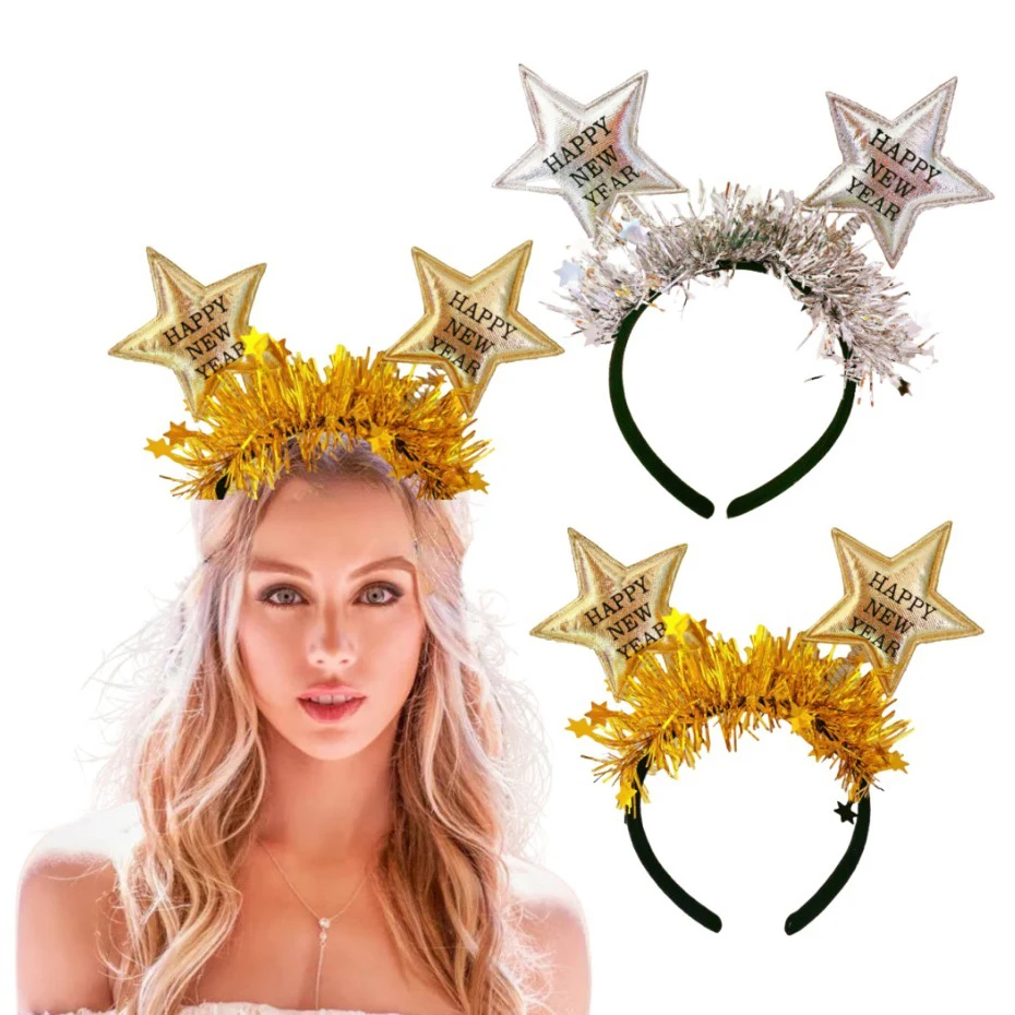 New Year Star Headband Gold Silver Star Happy New Year Christmas Party Head Band Kids Adults Happy New Year Party Decor Hairband