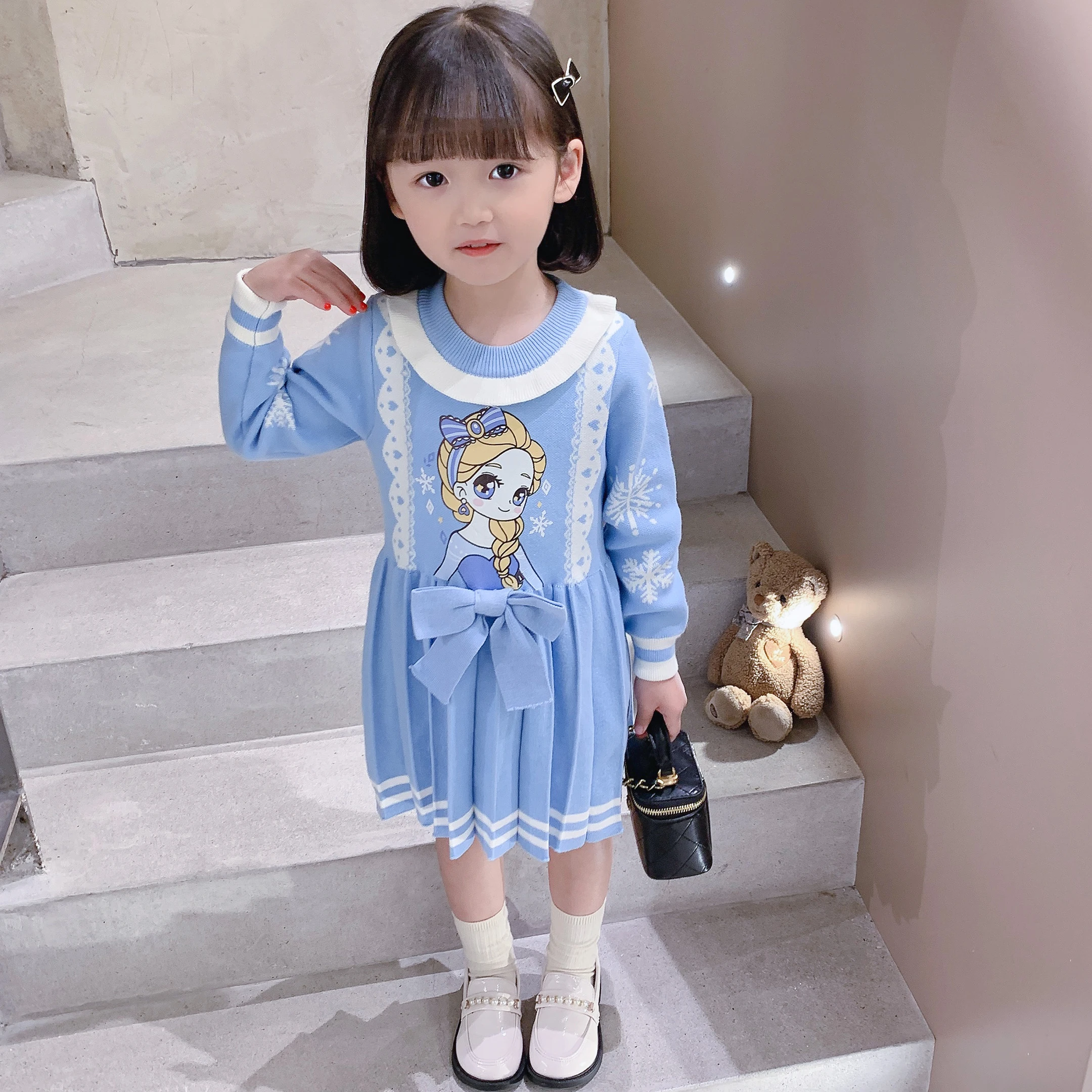 فستان الأميرة للفتيات بأكمام طويلة ورقبة دائرية مزين بفيونكة للربيع والخريف فستان فضفاض ناعم عصري لطيف يناسب الجميع