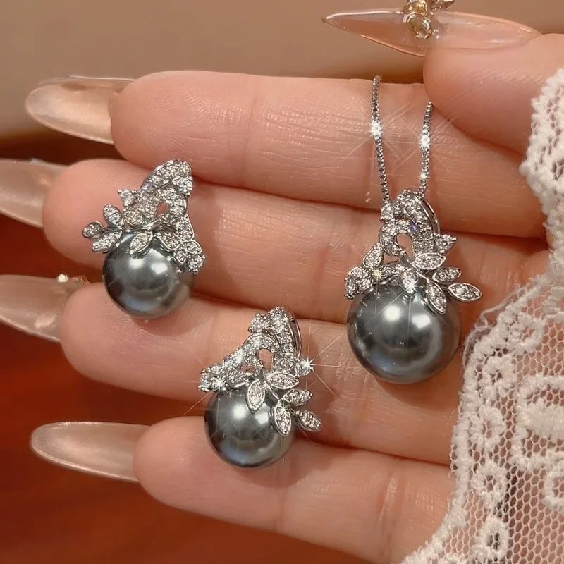 

Classic Fashion Leaf Zircon with Pearl Earrings Necklaces Jewelry Sets for Women Elegant Dress Accessories Souvenir
