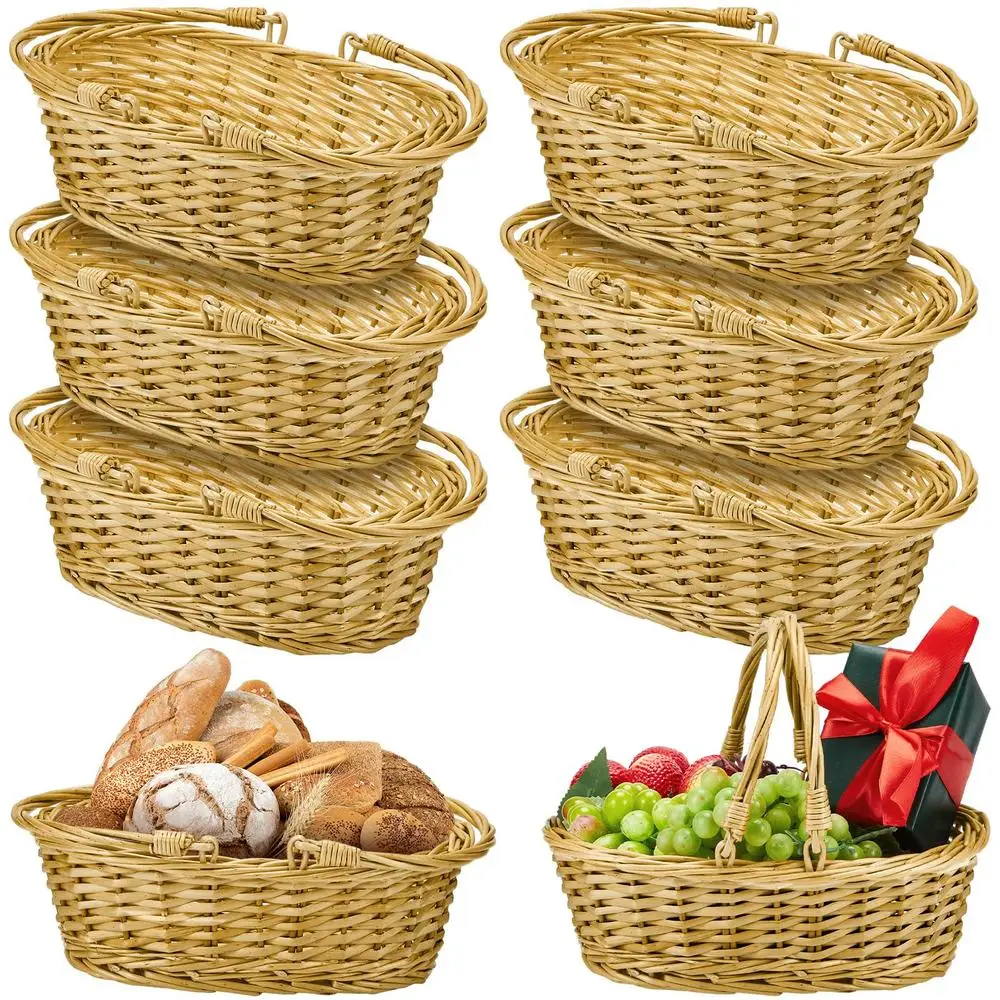 Set of 6 Oval Wicker Picnic Baskets with Handles Harvest Gifts and Storage Natural Material Foldable Handles Ideal Size Fruits