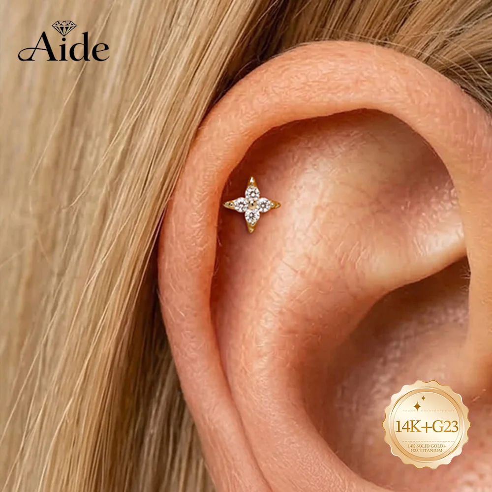 AIDE 14K Solid Gold Four-leaf Clover CZ Zircon Women's Cartilage Helix  Flat Back Piercing Multi Sized Wedding Bridal Jewelry