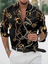 Men's long sleeved shirt, luxurious and high-quality gold chain print, fashionable and retro casual style, party and street wear