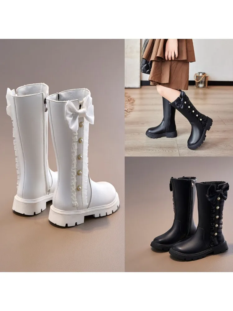 Bottes hautes rembourrées pour filles de 4 à 16 ans, chaussures en coton avec nœud Beige et perles pour enfants, bottes en cuir antidérapantes à fond souple noir