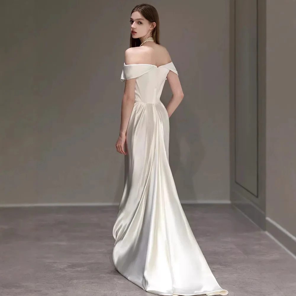 PJN NEW Mermaid Formal Long Evening Party Dress Women White Satin Off Shoulder Reception Wedding Snapshot Graduation Dresses