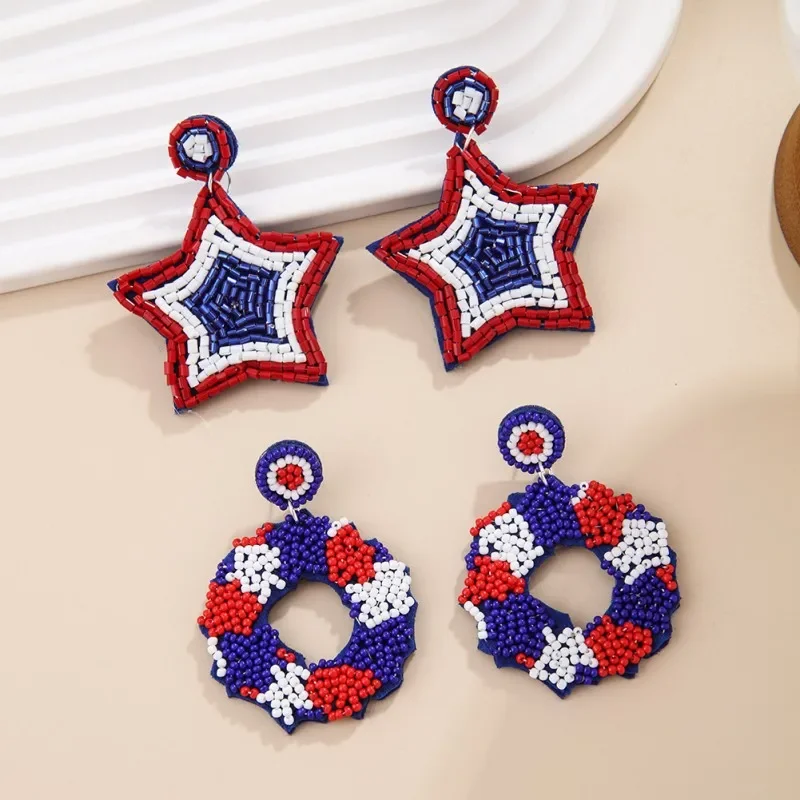 Beaded earrings Independence Day Flag Design Originality Hand knitting Fabric art Bohemia Alloy Tide Simple Rice bead earrings