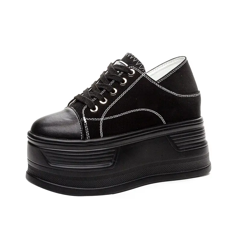 

fujin 10cm 4 inch Women's Chunky Black Slip-On Platform Canvas Sneakers - 12cm Hidden Wedge Heel for Height Increase Slimming