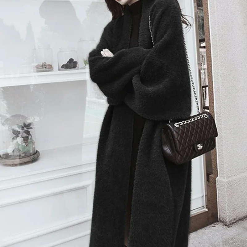 Imitation Mink Fleece Long Knitted Cardigan Autumn/Winter New Thick Lazy Over Knee Loose Size Sweater Coat Women