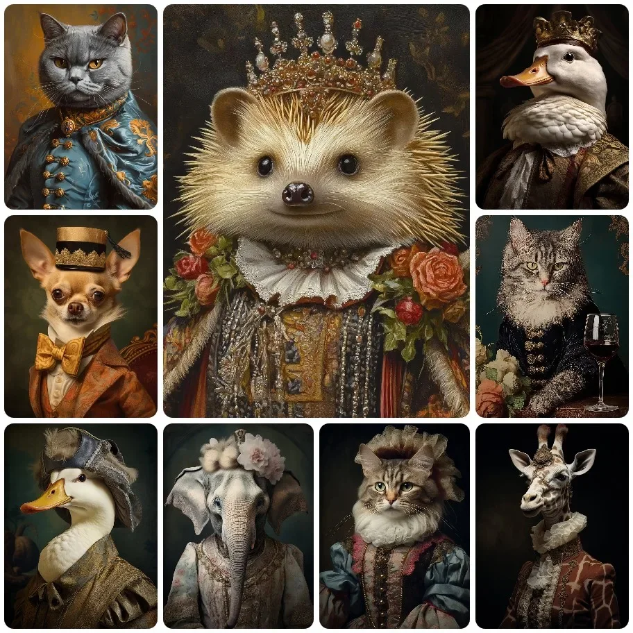 Vintage Royal Animal Portrait Diamond Painting, Cat, Hedgehog and Elephant Wall Art for Living Room Bedroom Home Decor