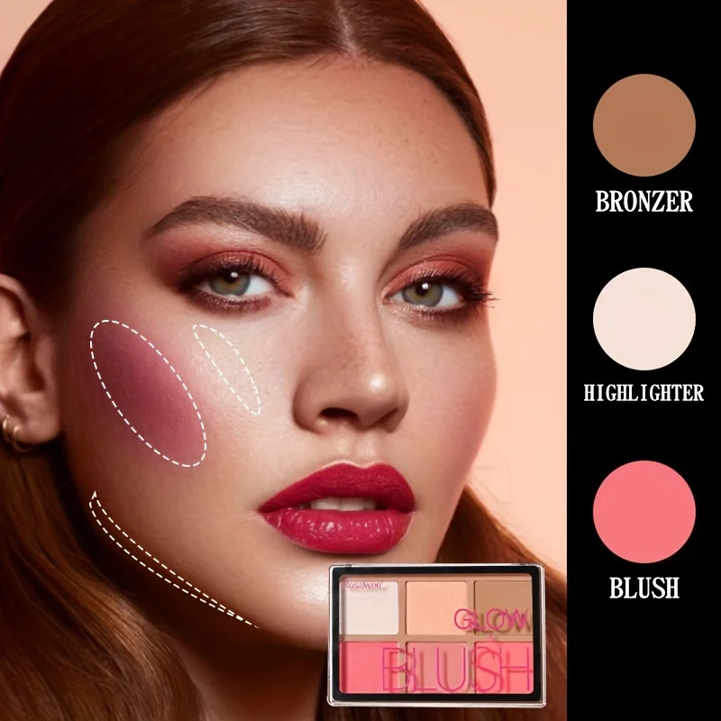 6 Shades Blush-Looking Matte Shimmery Blush Makeup Palette, Contour and Highlight, Long-Wearing, Blendable Makeup Palette