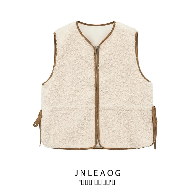 

JNLEAOG женский жилет из меха ягненка с регулируемой талией, осенний новый жилет для поездок на работу, круглый Ne без пуговиц, клетчатый полиэфирное волокно
