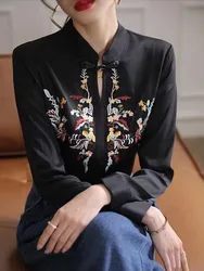 Retro Button Standing Collar Embroidered Shirt Spring New Fashion Chiffon Versatile Top For Women