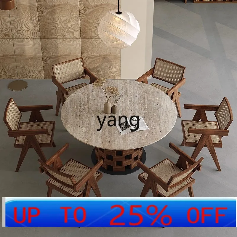 

Обеденный стол и стулья LMM из травертина в стиле ваби-санди, круглый, в стиле лёгкой роскоши, из массива дерева высокого класса.