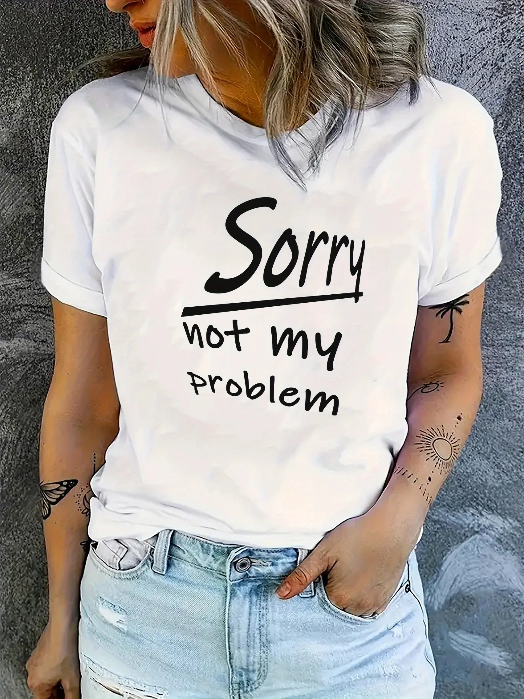 

Women's Sorry Not My Problem Graphic T-Shirt Casual Short Sleeve Round Neck Tee with Bold White Letter Print Relaxed Fit