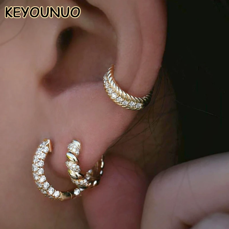 KEYOUNUO Gold Plated CZ Hoop Earrings For Women Piercing Shiny Zircon Cilp Earrings Fashion Party Wedding Jewelry Wholesale