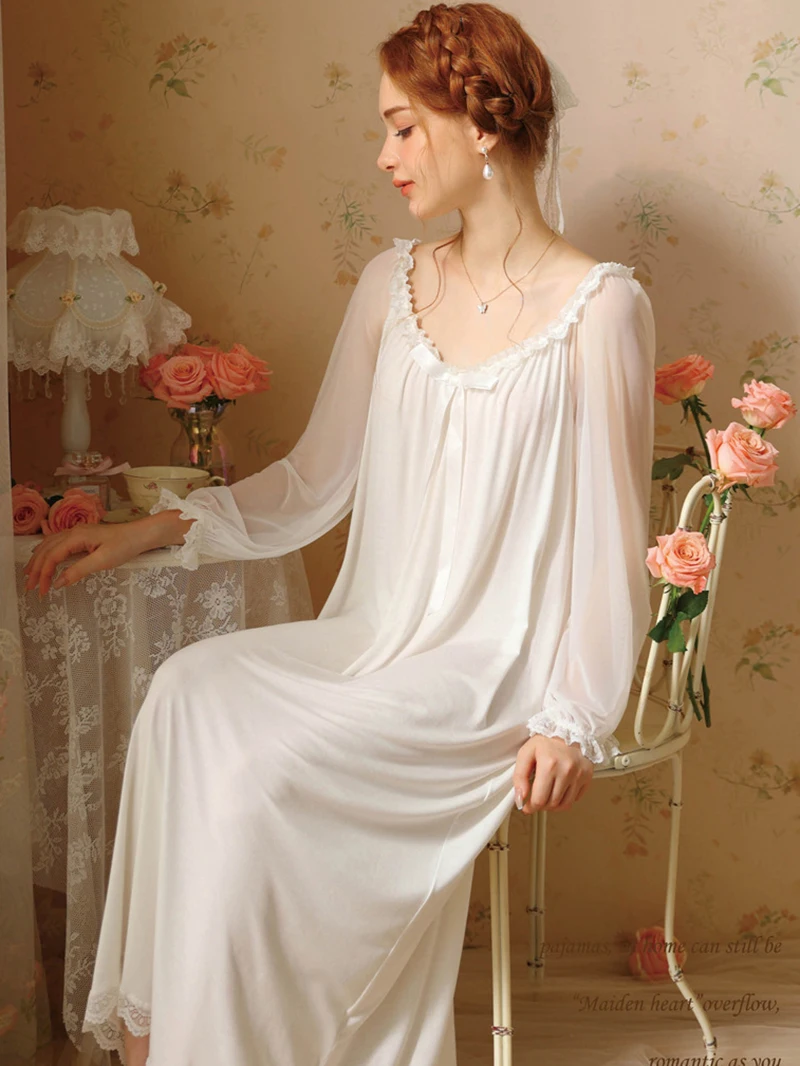 French Victorian Princess Modal Lace Nightgown Women Sweet Girls Spring Autumn Long Sleeve Vintage Pajamas Sleepwear Nightwear