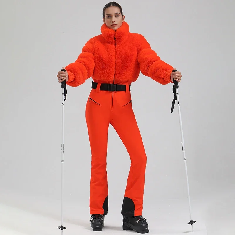 Winter Warm Fur Women One Piece Snow Suit Outdoor Sport Slime Female Ski Jumpsuit Mountain Windproof Woman Snowboard Overalls