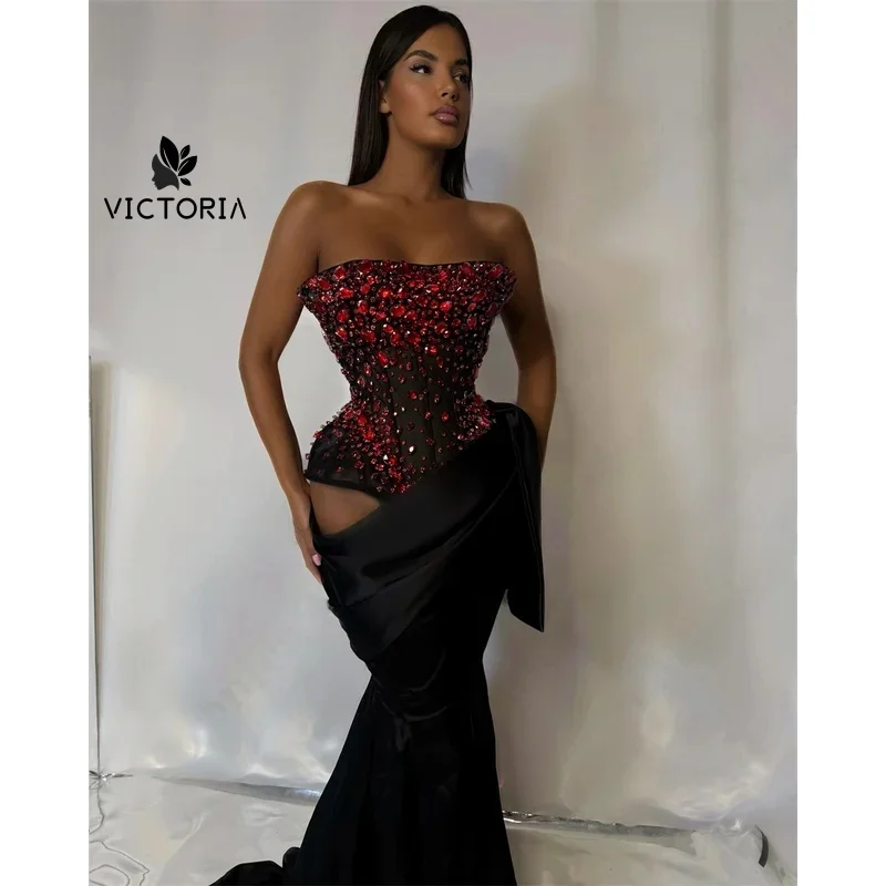 Rhinestones Evening Dresses for Women Strapless Mermaid Sleeveless Prom Gown Robes De Soiree Customized Plus