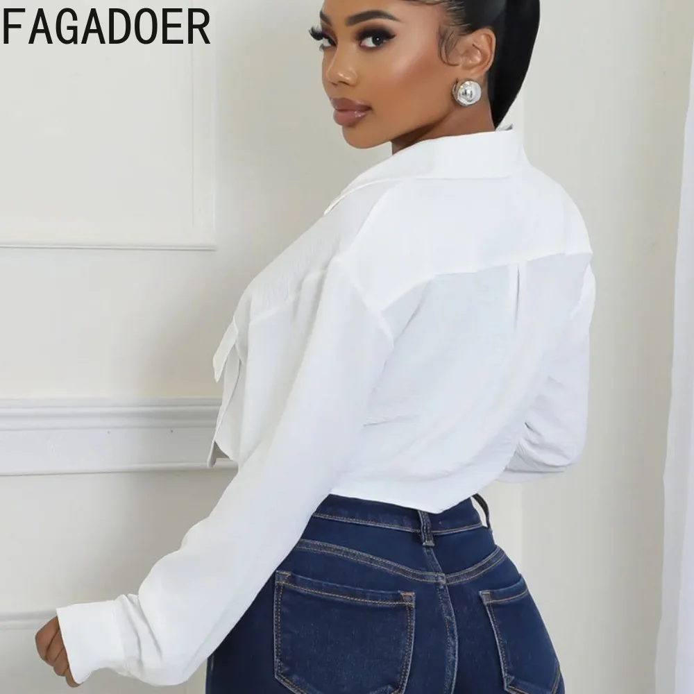 FAGADOER White Pockets Patchwork Shirts Blouses Ladies Lapel Single Breasted Autumn New Irregular Crop Top Long Sleeve Fashion