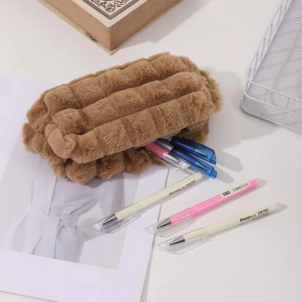 Solid Color Plush Pencil Case Stationery Organizer Large Capacity Stationery Bag Pencil Box Plush Puff Plush Pen Bag Student