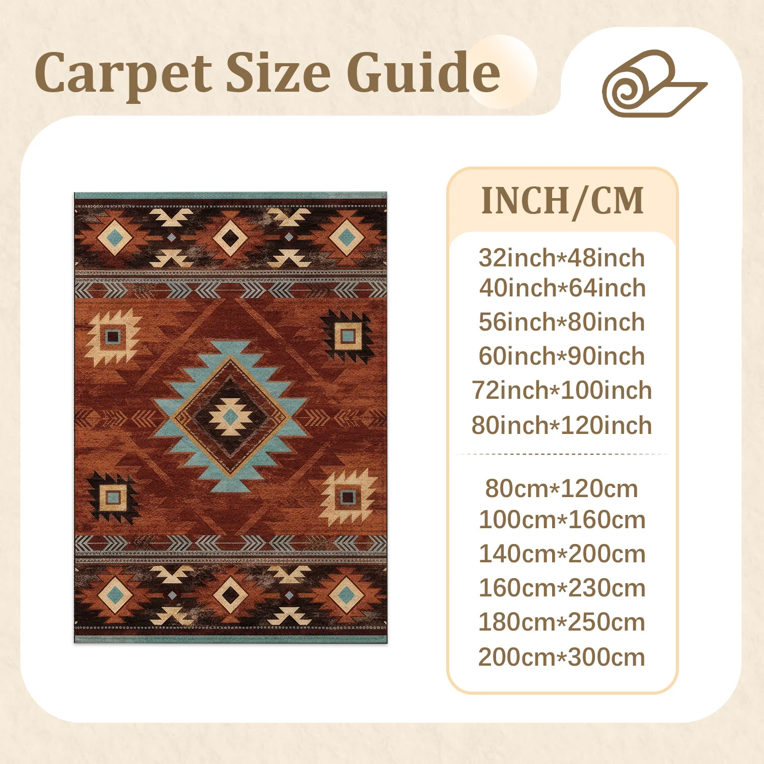 Large Indoor Area Rug, Soft Velvet Low Pile Floor Rug with Non-Slip Dotted Backing, Machine Washable Southwestern Aztec Geometric Pattern Rug for Living Room, Bedroom, Entryway, Rust Turquoise Home Decor Accent