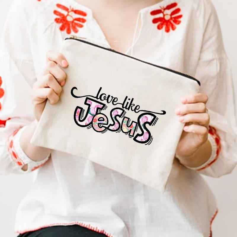 Women Makeup Bags Love Like Jesus Print Cosmetic Bag Christian Canvas Cosmetics Bag Ladies Travel Washing Toiletry Pouch Clutch