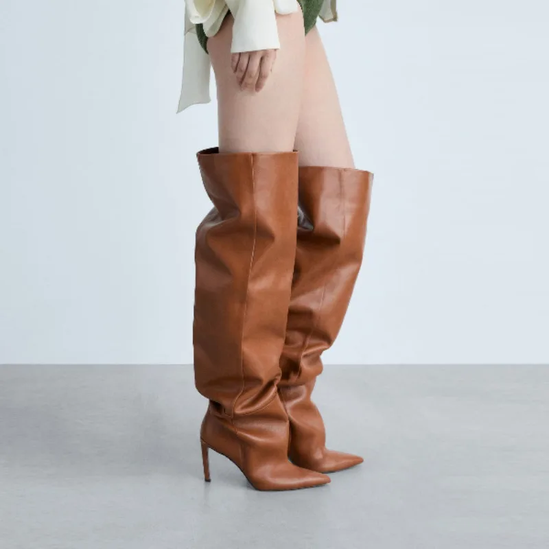 

European and American Pointed, Slim, High-heeled, Pleated Pile Boots for Women's Fashion, Slim Sleeves, Size 46 Knee High Boots