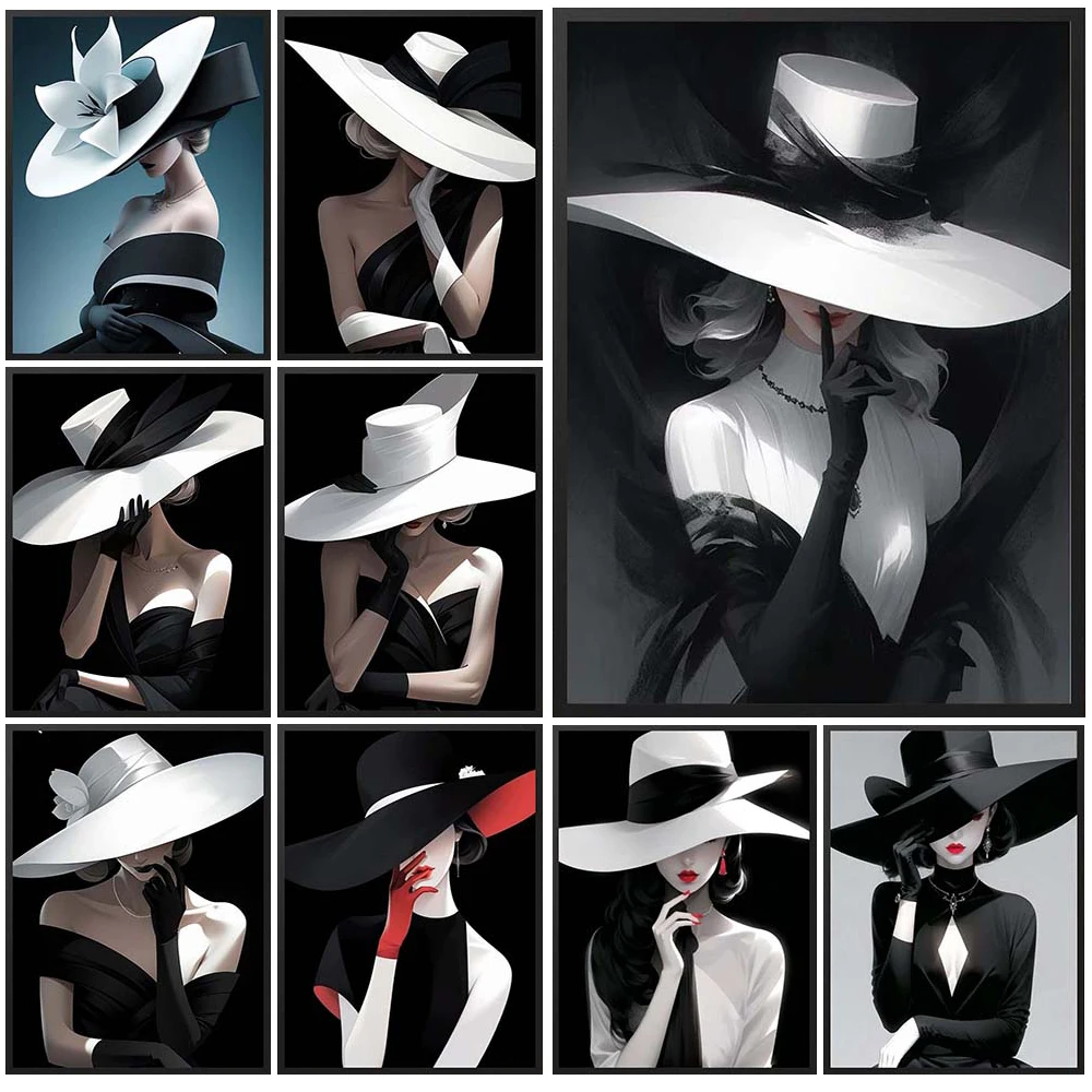 

Modern Girl Woman with a Hat Portrait Poster Wall Art Canvas Painting Posters Home Decor Wall Pictures For Living Room Unframed