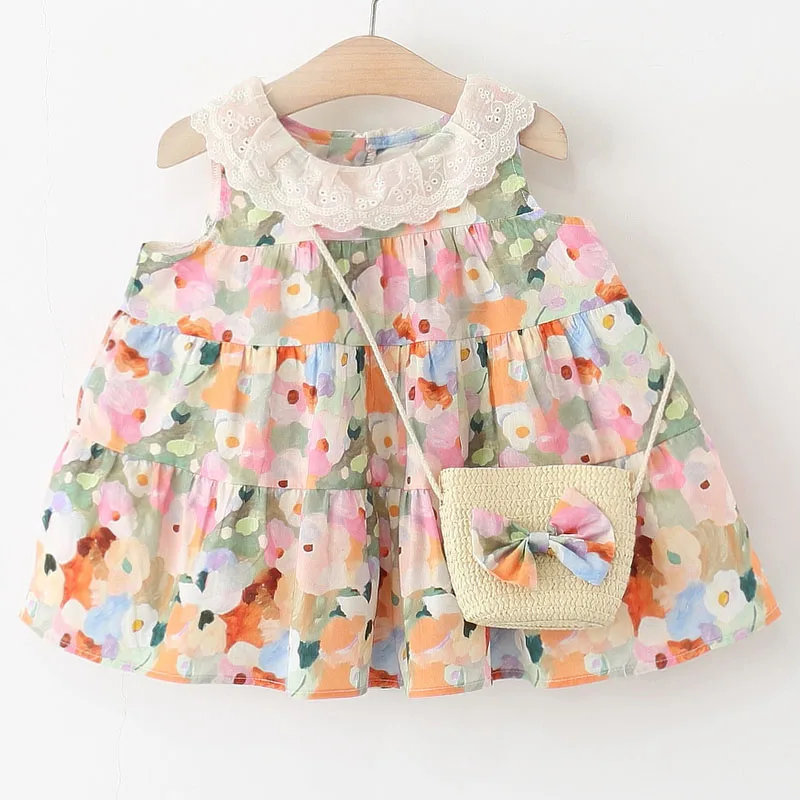 

2Piece Summer Toddler Girls Clothes Korean Fashion Cute Doll Collar Sleeveless Print Princess Baby Dresses+Bag Kids Dress B034