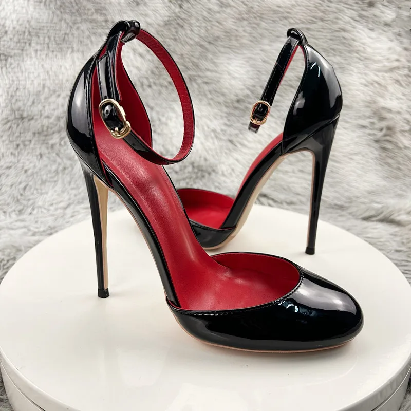 Black High Heels, Women's Slim Heels, One Line Buckle Toe Sandals, New Sexy Temperament, Pointed Hollow Single Shoes 12cm