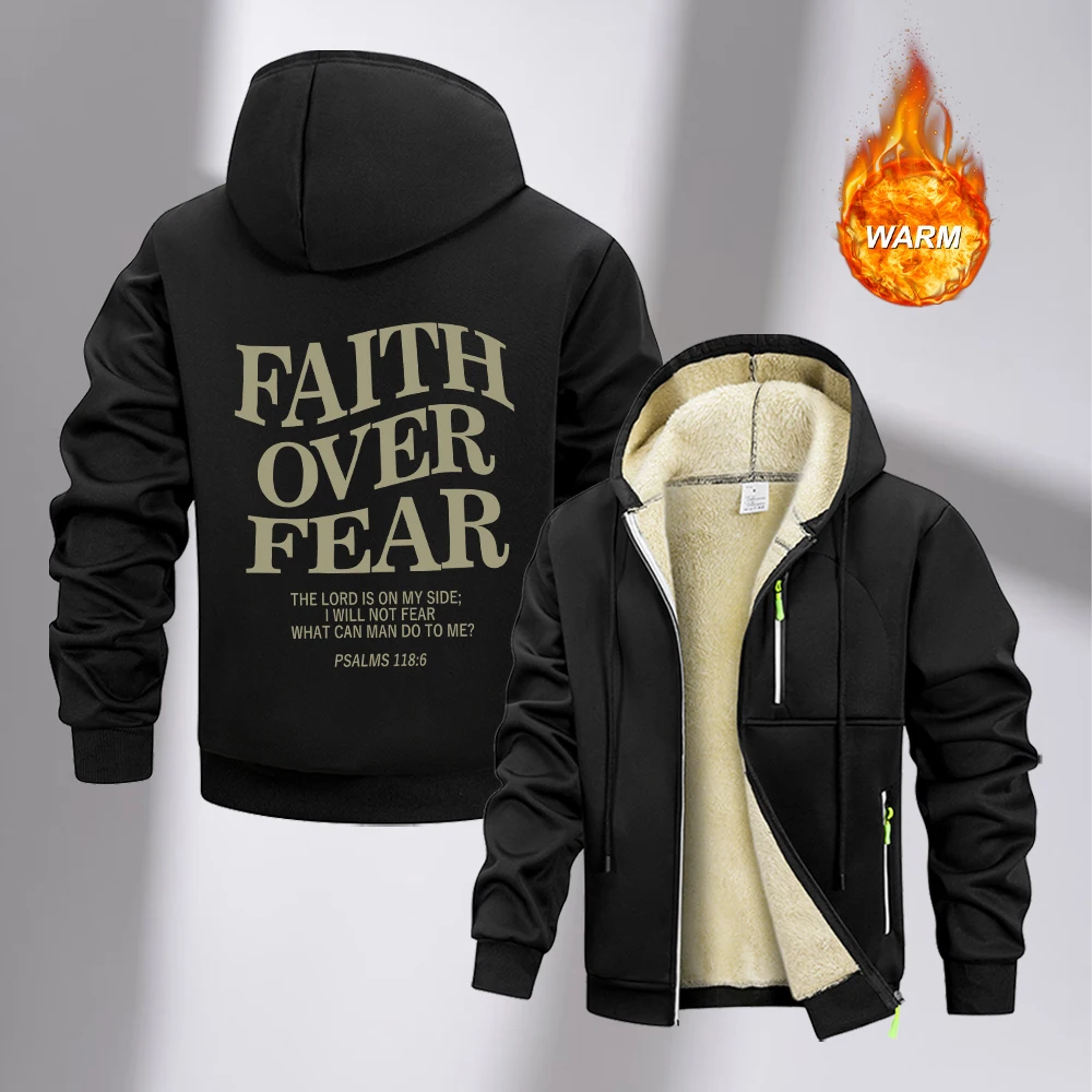Men's FAITH OVER FEAR Printed Zipper Hooded Jacket Thickened Warm Autumn Winter Zipper Pocket Outerwear Casual Commuter Top