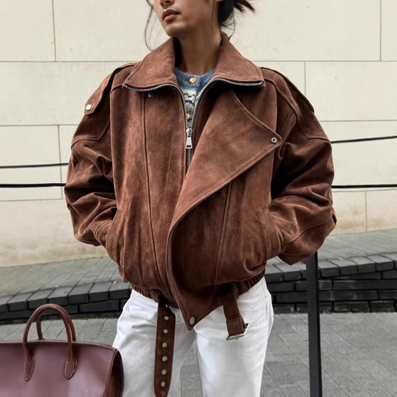 

Vintage Lapel Solid Color Zipper Short Jacket Fashion Women Suede Cropped Casual Long Sleeve Coat Woman New Commuter Outerwears