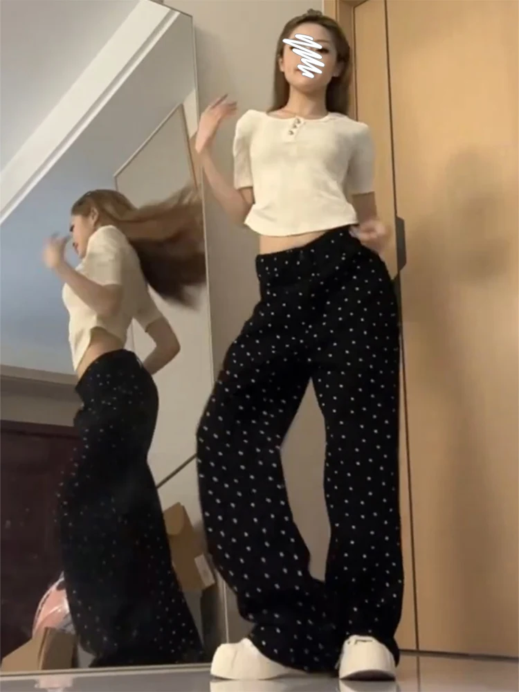 Vintage Black Polka Dot Floral Denim High Waist Straight Leg Wide Leg Pants Women's Autumn Design Sense Long Pants
