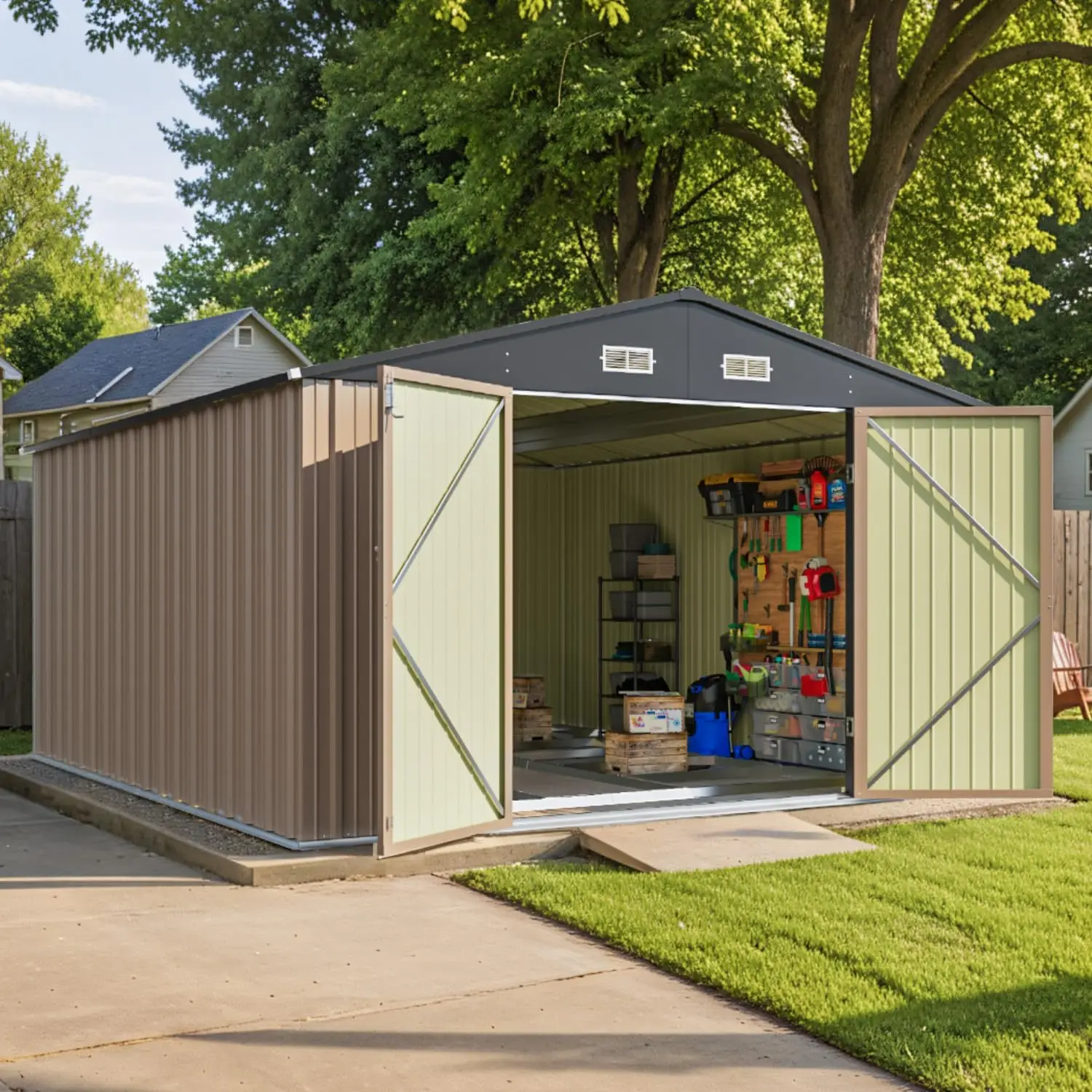 10 x 12 FT Outdoor Storage Shed with Floor Frame, Metal Shed | Large Steel Tool Outside Sheds with Sloping Roof and, Custom