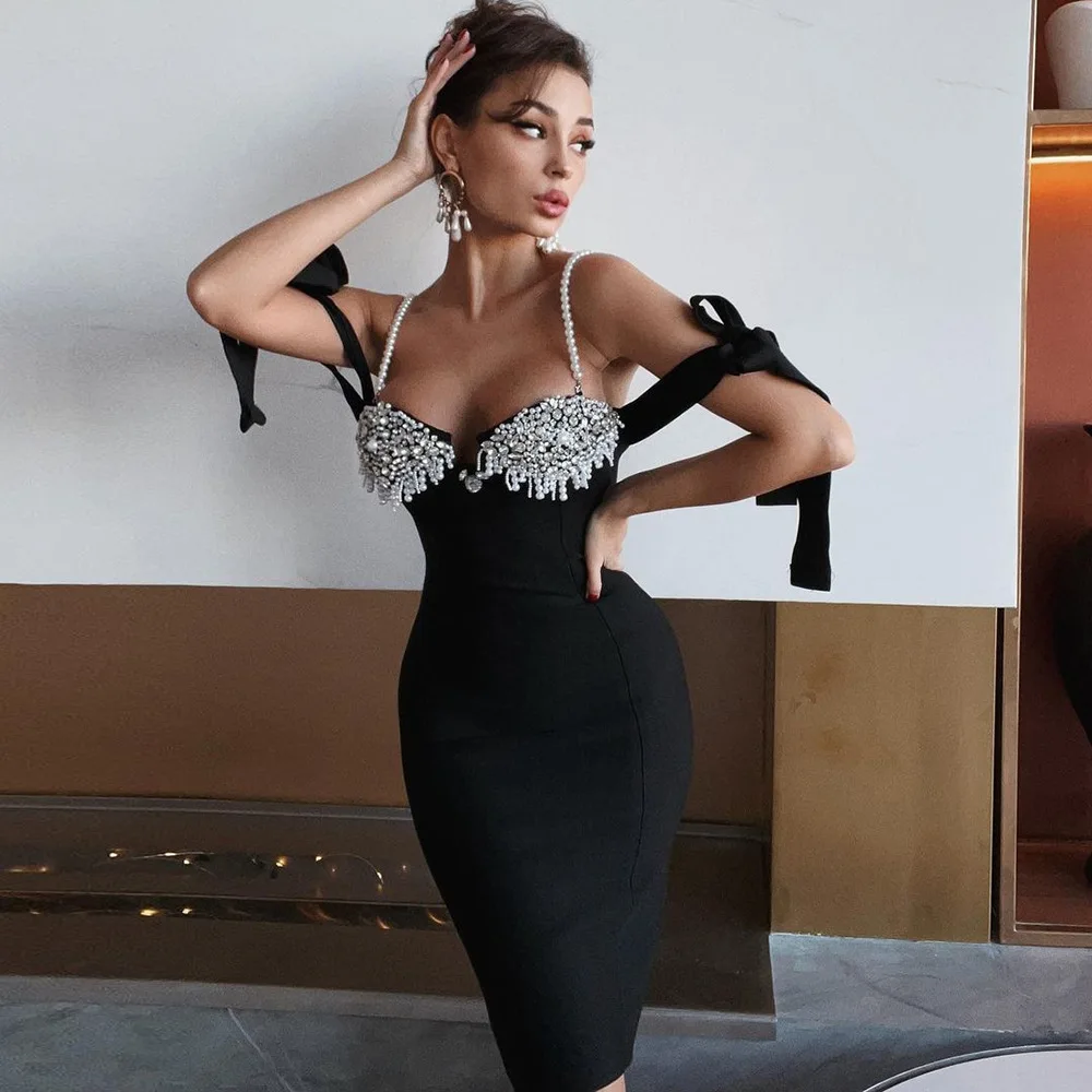 Pearls Starps Off Shoulder Bodycon Dress Crystals Beaded Luxury Party Dresses For Women Free Shipping Mini Length Cocktail Gown